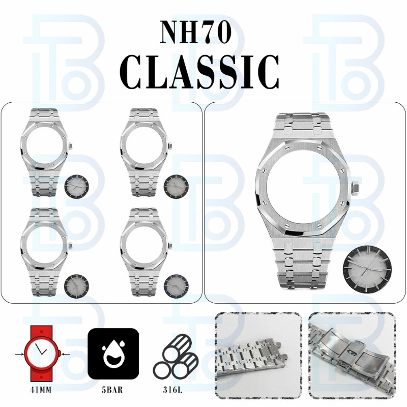 41mm NH70 Caz Ceas din Oțel Watchband de Sticlă de Safir Cadran Ceas mâinile Set de Piese pentru AP Royal Oak NH70 Mișcarea Ceas Clasic DIY