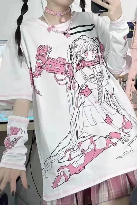 Alb Frumoasă Fată T-shirt Anime Fată Mecanic Print Short Sleeve T-shirt de Vară Stil Nou Ins Rece Harajuku Sus