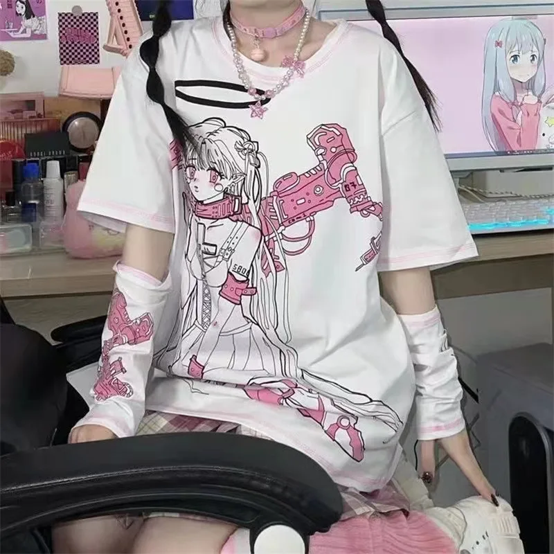 Alb Frumoasă Fată T-shirt Anime Fată Mecanic Print Short Sleeve T-shirt de Vară Stil Nou Ins Rece Harajuku Sus