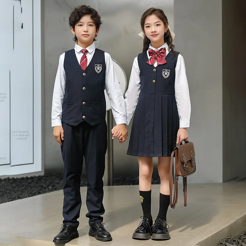 Copil Japonez Uniformă Școlară Cămașă Albă Plisată Bleumarin Șorțuleț Rochie Vesta, Pantaloni, Papion pentru Fată Băiat Haine Set Student Tinuta
