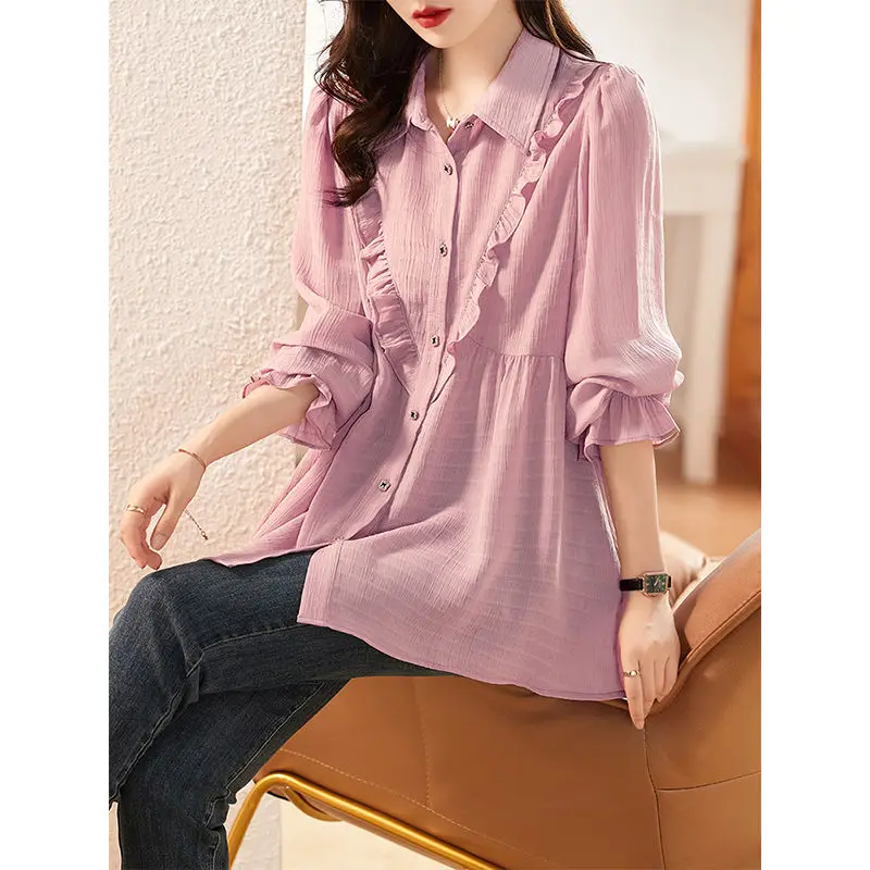Coreeană Ruched Îmbinat Culoare Solidă Tricou Casual de Primavara Îmbrăcăminte pentru Femei Simplitate Single-breasted Polo-Neck Bluza pentru Femei