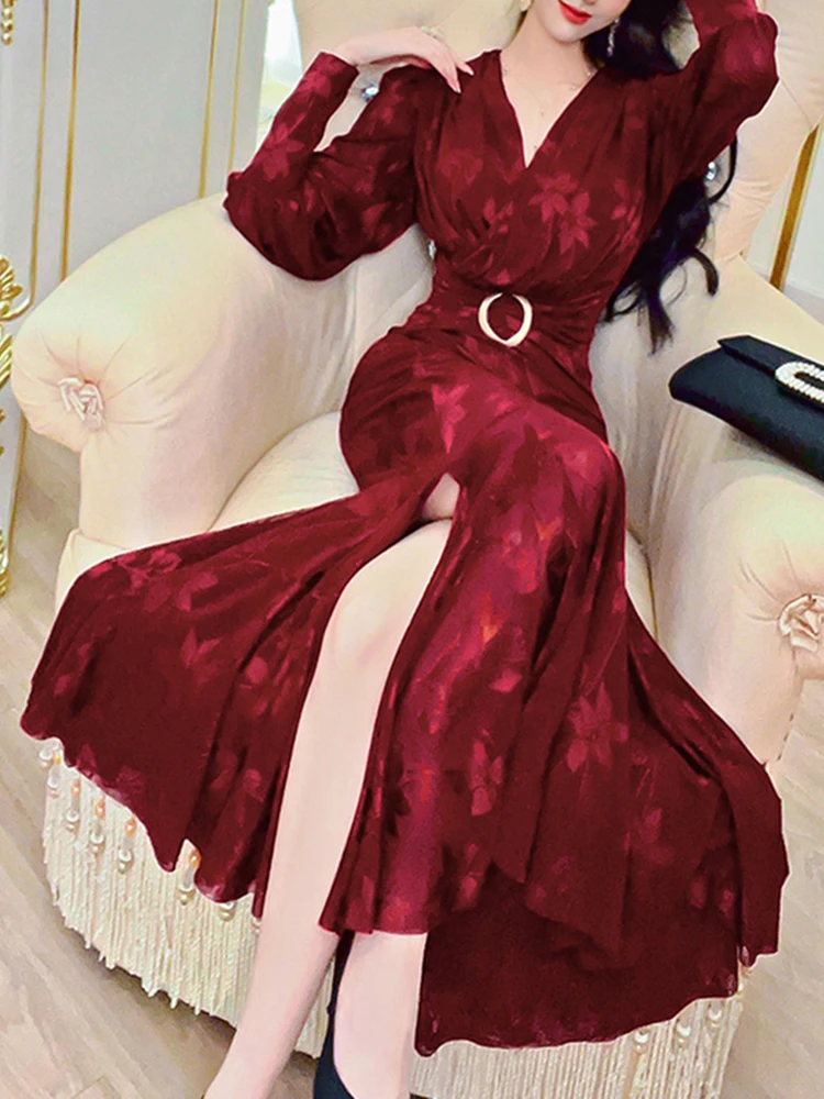 DECESUL Designer de Moda Elegant de Imprimare Rochie Femei, cu Maneci Lungi Falduri Talie Mare Lux Petrecere de Seara Doamna 2023 Noi 3WQ2452