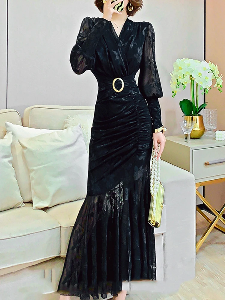 DECESUL Designer de Moda Elegant de Imprimare Rochie Femei, cu Maneci Lungi Falduri Talie Mare Lux Petrecere de Seara Doamna 2023 Noi 3WQ2452