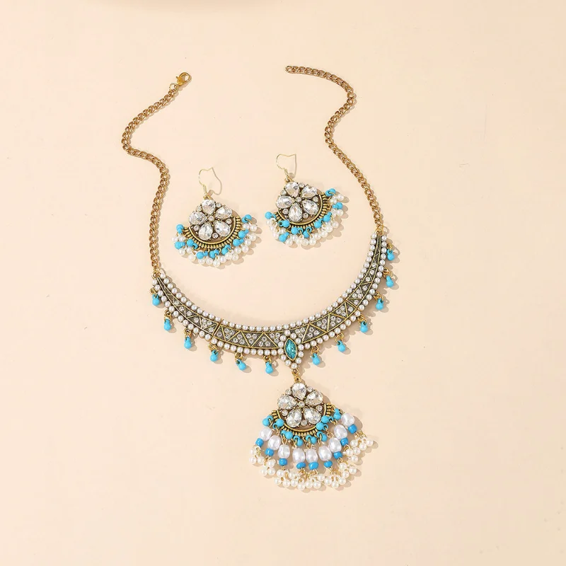 Exagerat Stil Etnic Seturi De Bijuterii Femei Floare De Cristal Albastru Margele Perle Tassel Pandantiv Colier Legăna Cercei Ornamente