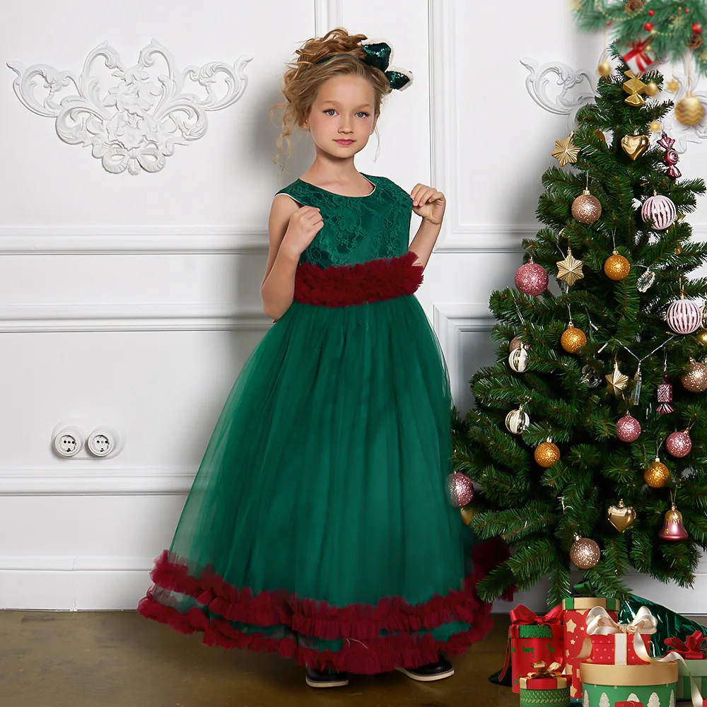 Fata Elegant Verde Rochii Lungi Pentru Crăciun, Anul Nou Printesa Teen Formale Fără Mâneci Dantelă Concurs De Petrecere Nunta Rochie De Minge