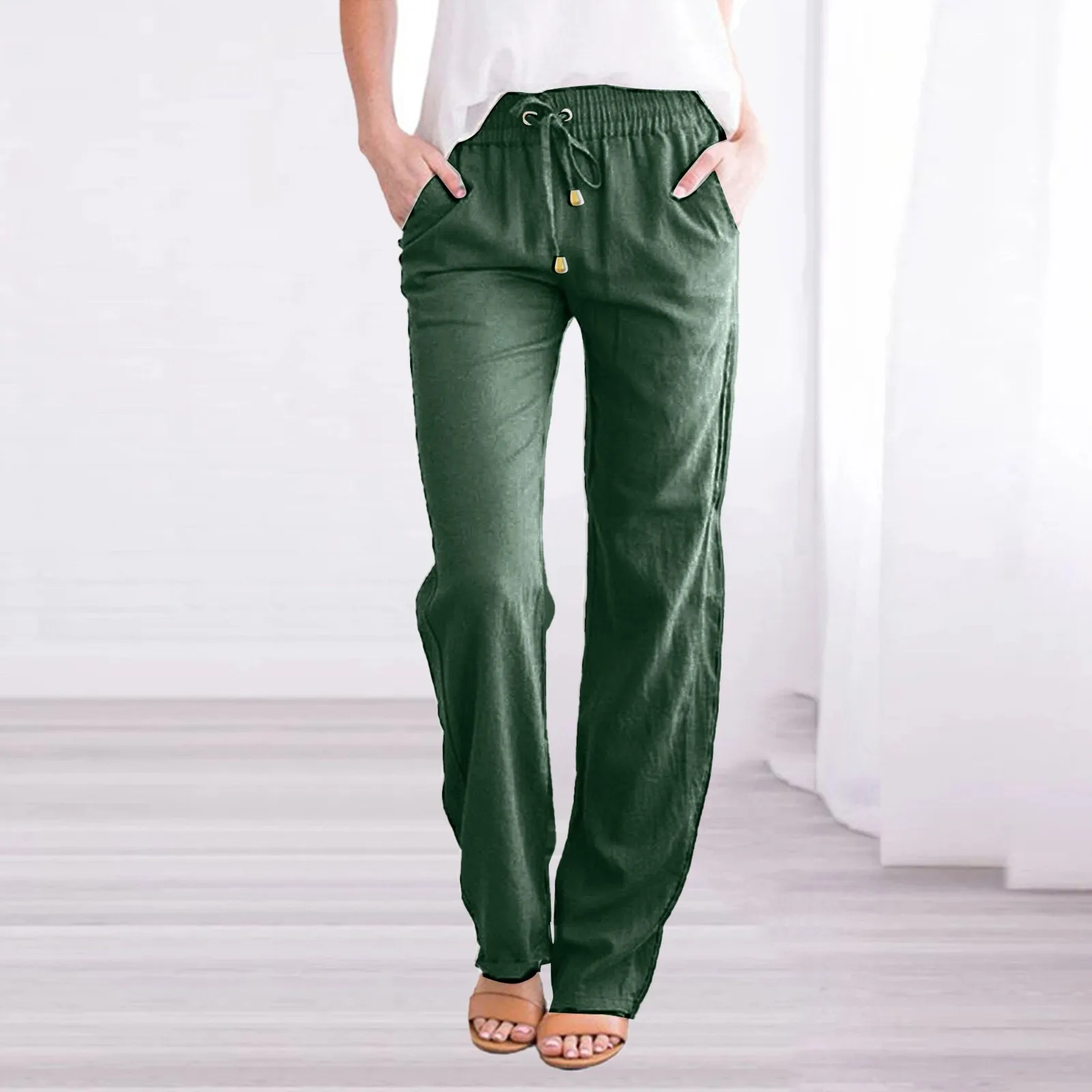 Femei Body Pantaloni 2023 Noi de Vara Culoare Solidă Lenjerie de pat din Bumbac Cordon Pantaloni Cu Buzunar Liber Casual Confortabil Moale Pantaloni