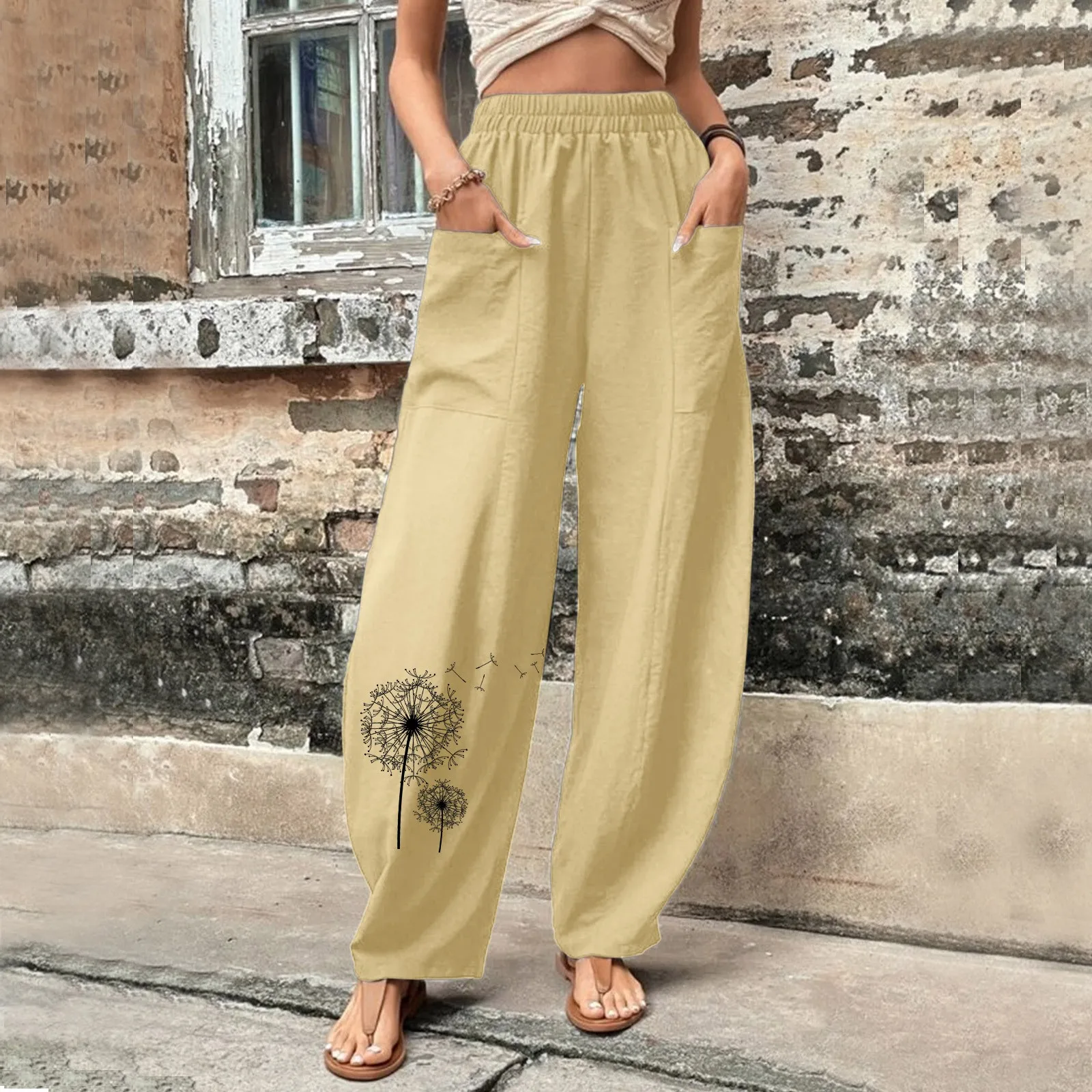 Femei Plus Dimensiune Casual Culoare Solidă Pantaloni Florale Imprimate Pantaloni Talie Elastic Buzunare Largi Picior Pantaloni de moda de Vara