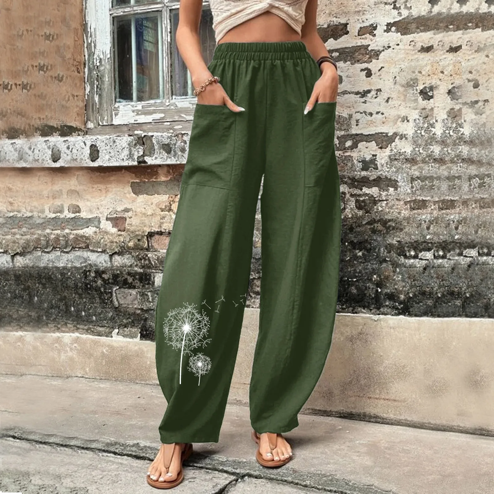 Femei Plus Dimensiune Casual Culoare Solidă Pantaloni Florale Imprimate Pantaloni Talie Elastic Buzunare Largi Picior Pantaloni de moda de Vara