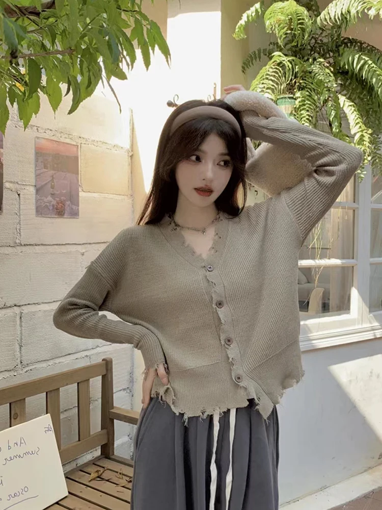 Franceză Y2K Vintage de Culoare Solidă Cardigan Tricotate Femei Harajuku Pulover Supradimensionat V-Gât Asimetric Margine Prime coreean Streetwear