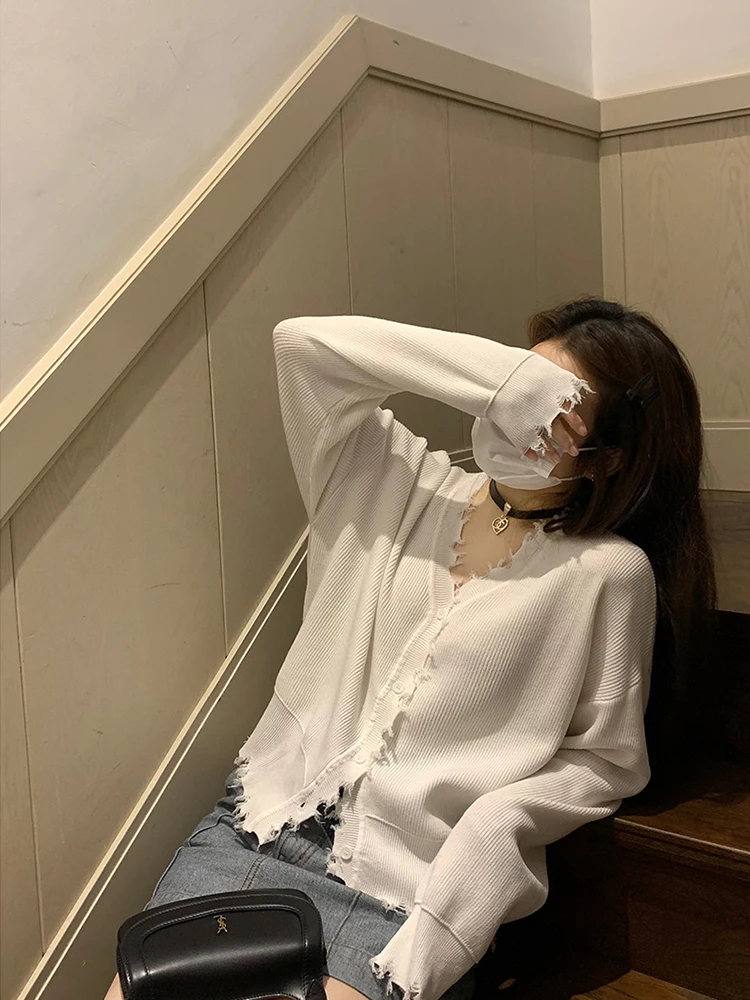 Franceză Y2K Vintage de Culoare Solidă Cardigan Tricotate Femei Harajuku Pulover Supradimensionat V-Gât Asimetric Margine Prime coreean Streetwear