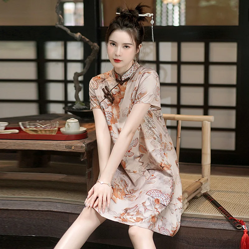 FZSLCYIYI Vrac Moda Imprimat O Linie Cheongsam Rochie Femei, cu Maneci Scurte Qipao Tradițională Chineză Stil de Haine
