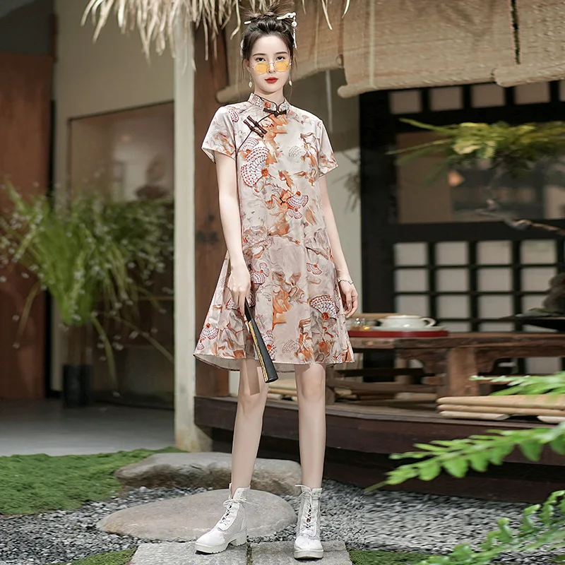 FZSLCYIYI Vrac Moda Imprimat O Linie Cheongsam Rochie Femei, cu Maneci Scurte Qipao Tradițională Chineză Stil de Haine
