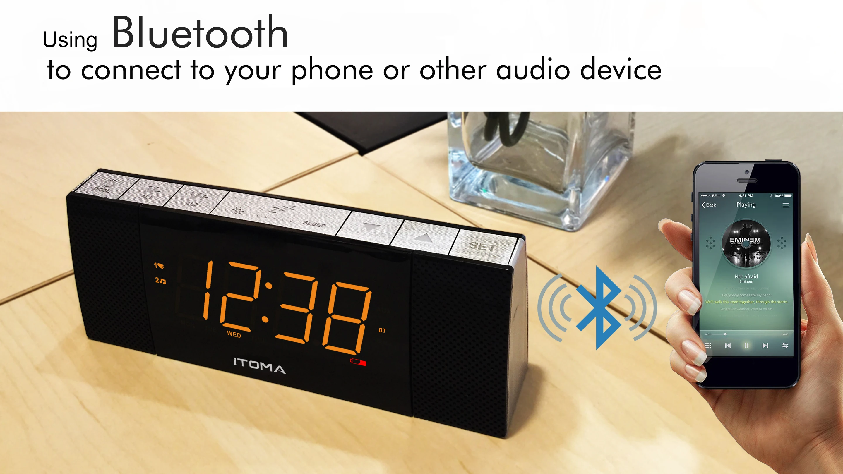 iTOMA Ceas cu Alarmă cu Difuzor Bluetooth Radio FM Dimmer Amânare cel mai Tare Ceas cu Alarmă pentru Traverse Grele