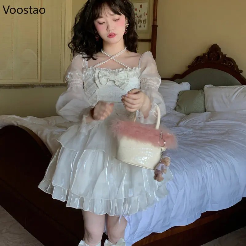 Japoneze Kawaii Lolita Printesa Șifon Elegant Fete Dulci Puff Maneca Arc Petrecere Rochii Mini De Sex Feminin De Epocă Zână Rochie De Vara