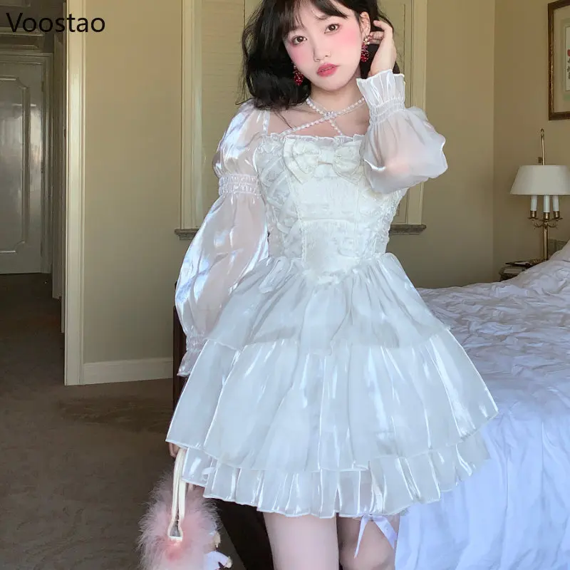 Japoneze Kawaii Lolita Printesa Șifon Elegant Fete Dulci Puff Maneca Arc Petrecere Rochii Mini De Sex Feminin De Epocă Zână Rochie De Vara