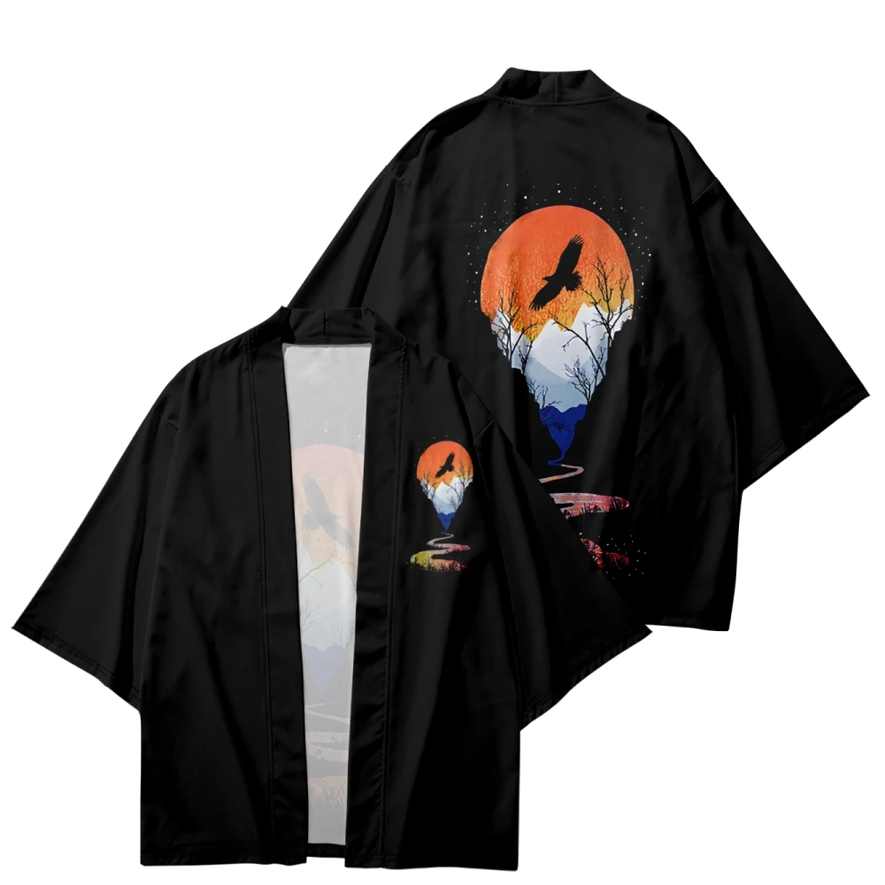 Japoneză Tradițională Kimono Negru Bărbați Imprimare Cosplay Haori Femei Cardigan Yukata Tricou Supradimensionat Halloween Roba