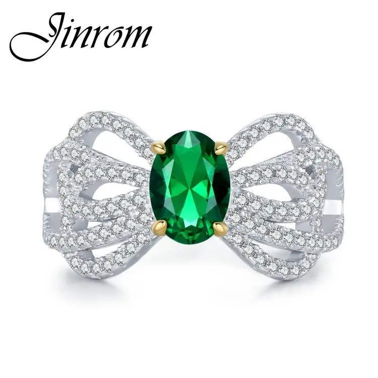 Jinrom Bowknot Inel Argint 925 Feminin Emerald 5*7mm Tăiat Oval Mare de Carbon, Diamante, pietre semipretioase Inel de Nunta Bijuterii Fine