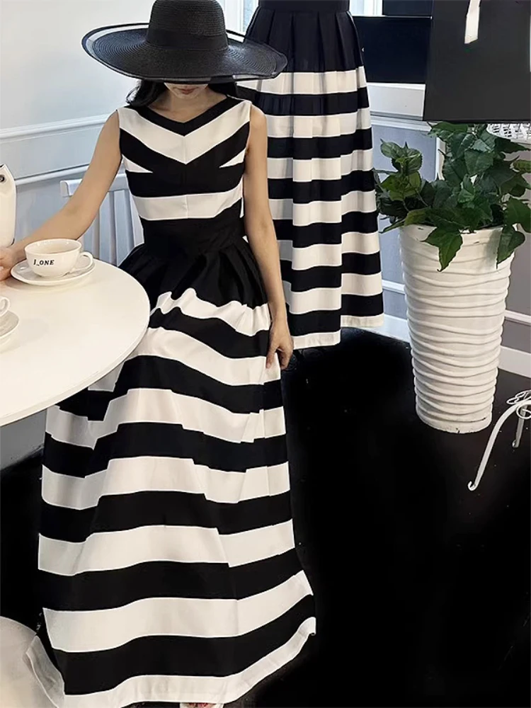 Kimotimo Femei Rochie Franceză Hepburn Stil Contrast De Culoare Cu Dungi V Gâtului Fără Mâneci Subțire Talie Cutat Vesta Lunga, Rochii Elegante