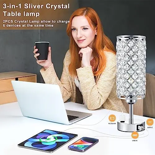 Lampa de Control Tactil Set de 2, Argintiu Cristal Lămpi de Masă cu USB C+O Porturi & Priză, 3-Way Estompat Noptieră Lampa Luz
