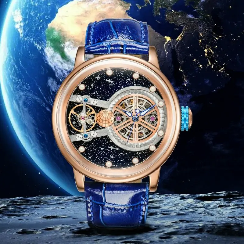Lumina de Lux Volanta Piele Gol Bărbați Mechanical Ceas rezistent la apă Glow Blue Planet Ceas barbati ceas