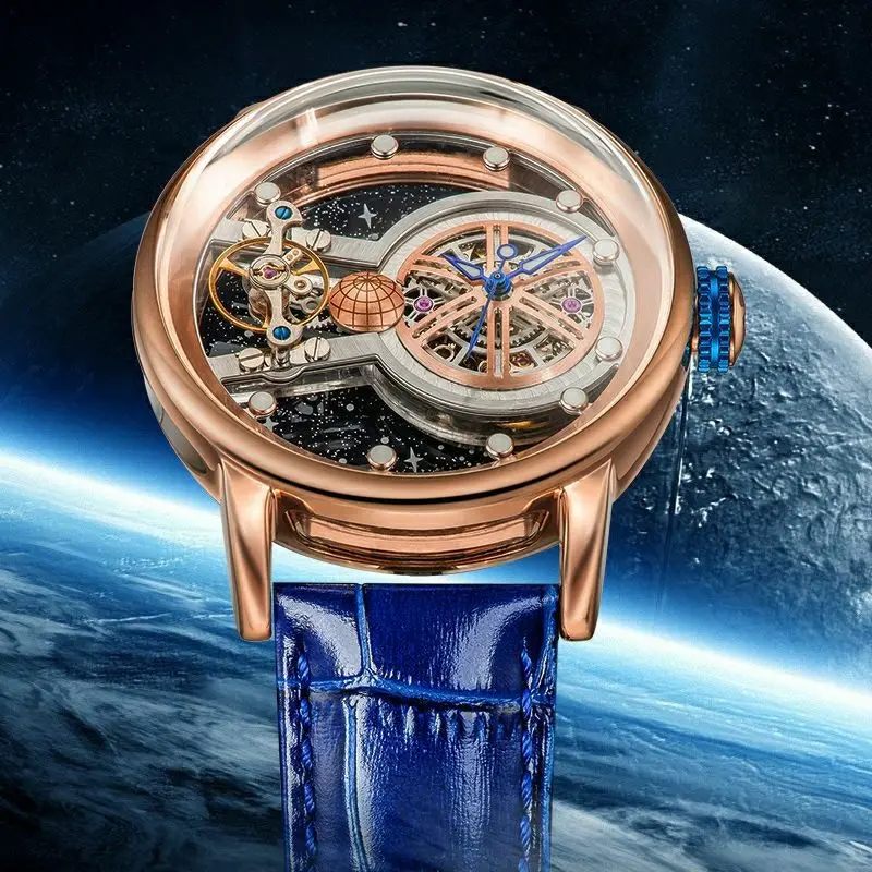 Lumina de Lux Volanta Piele Gol Bărbați Mechanical Ceas rezistent la apă Glow Blue Planet Ceas barbati ceas
