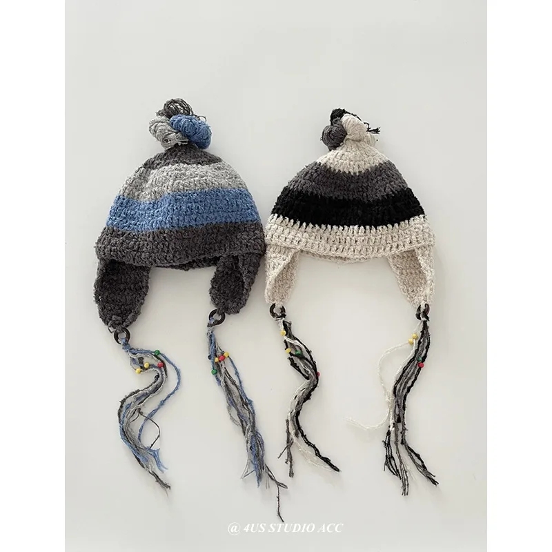 Moda Lână Buclă Fleece Cârlig de Mână Tricotate Cercel Palaria pentru Femei Cald Franjuri cu Dungi Lână Pălărie