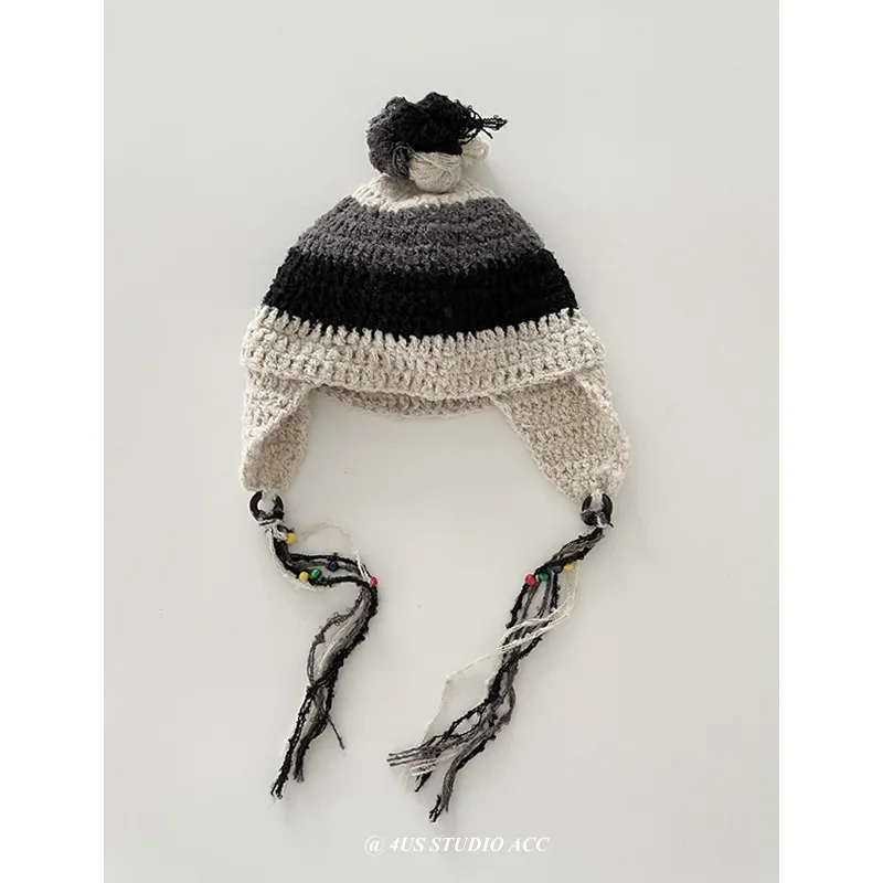 Moda Lână Buclă Fleece Cârlig de Mână Tricotate Cercel Palaria pentru Femei Cald Franjuri cu Dungi Lână Pălărie