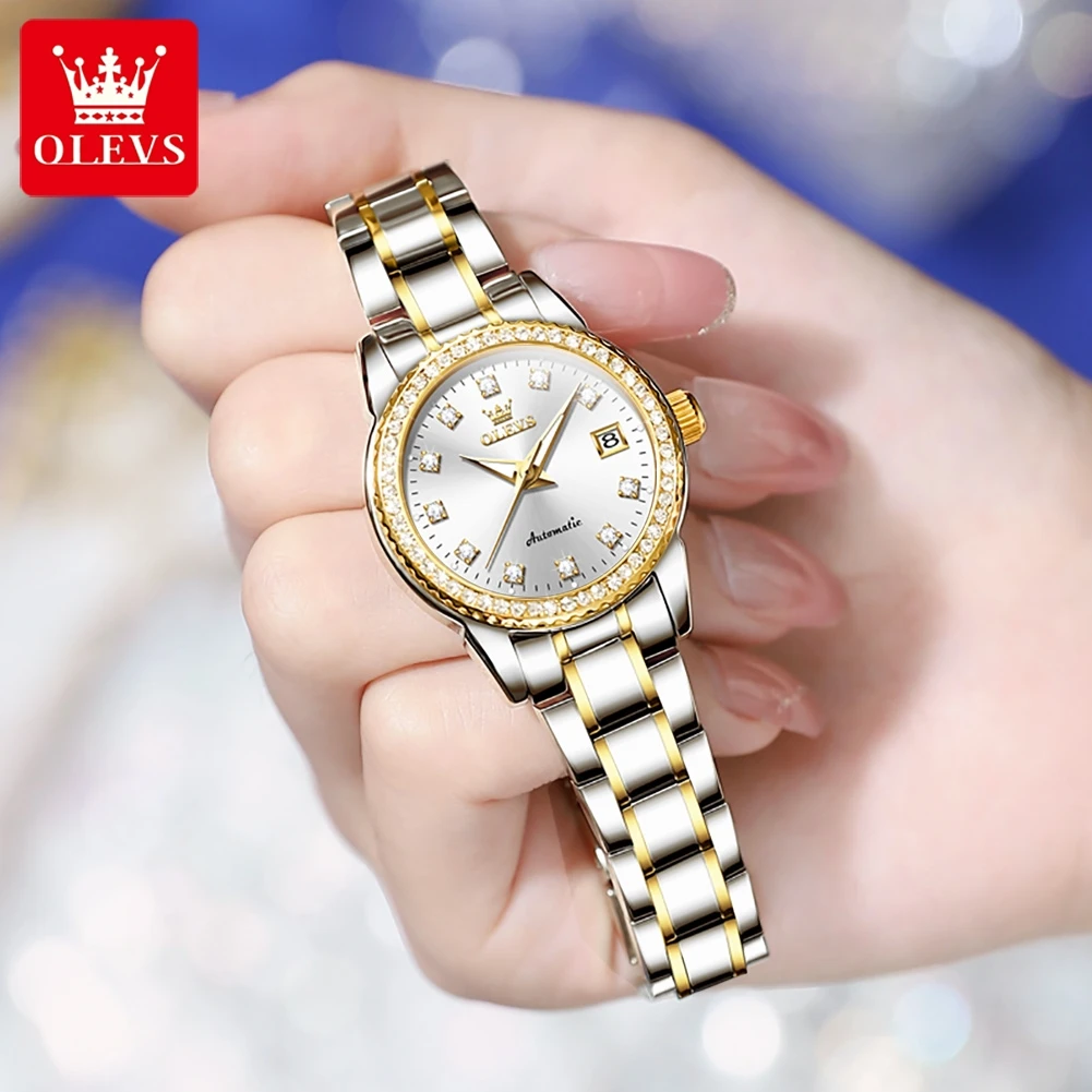 OLEVS Automată Ceas pentru Femei din Aur cu Diamante de Lux din oțel Inoxidabil Elegant Originale Femei Ceas Automatic Colier Set Cadou