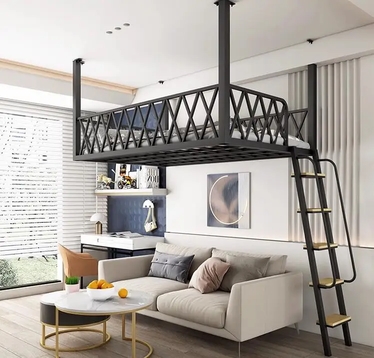 Pat ridicat Europeană stil simplu și modern apartament cu pat mic pentru a economisi spațiu duplex agățat sus pus de fier hamac