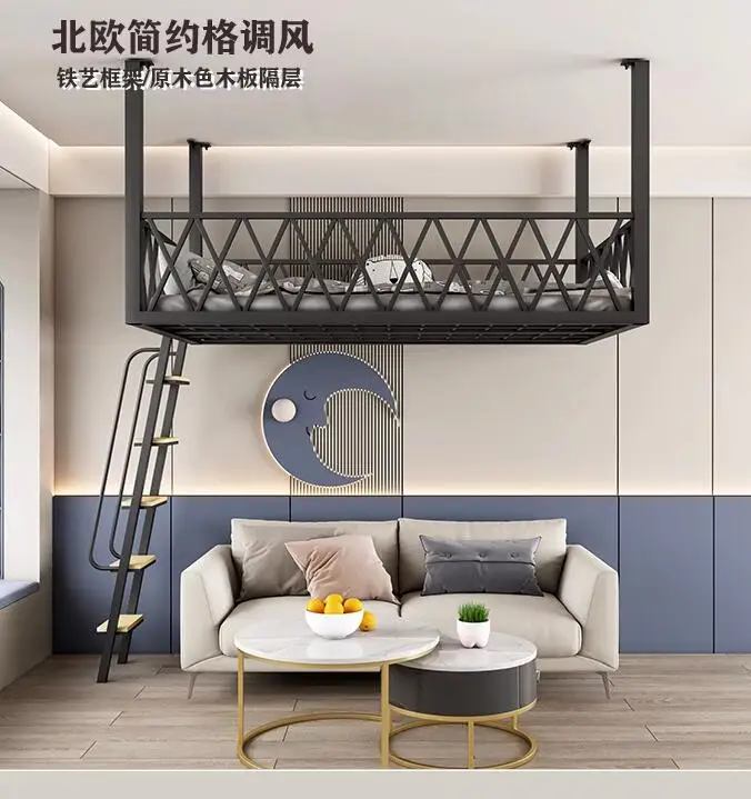 Pat ridicat Europeană stil simplu și modern apartament cu pat mic pentru a economisi spațiu duplex agățat sus pus de fier hamac