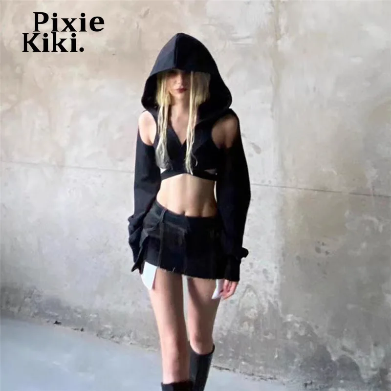 PixieKiki Moda Streetwear Hanorac cu Maneca Lunga Crop Top Negru Gol Afară de Sexy, Camasi Toamna 2023 Haine pentru Femei P94-CD23