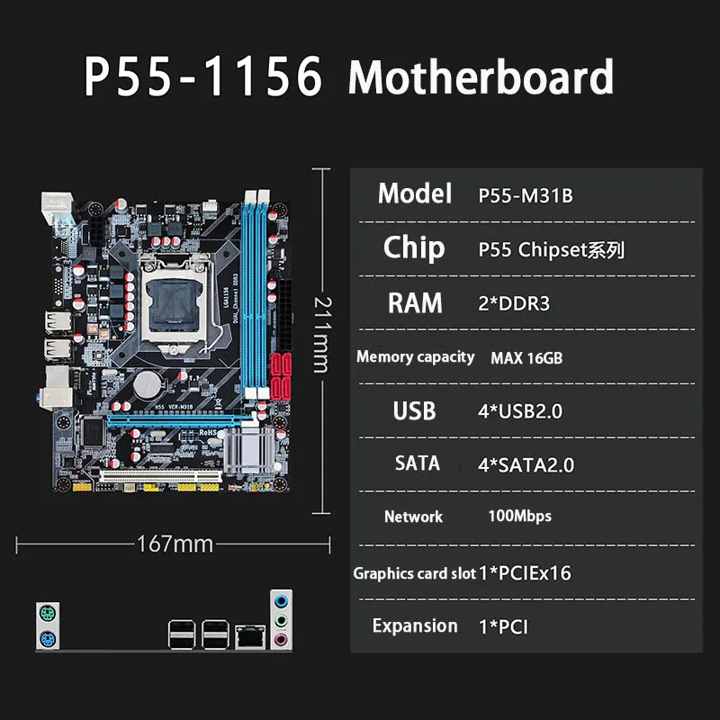 Placa de baza P55 LGA1156 M-ATX pentru i3 530/i5 750/660C M-ATX placa de baza M. 2 cu NVME protocolul suportă 2689/2690 V2 V1 memorie ddr3