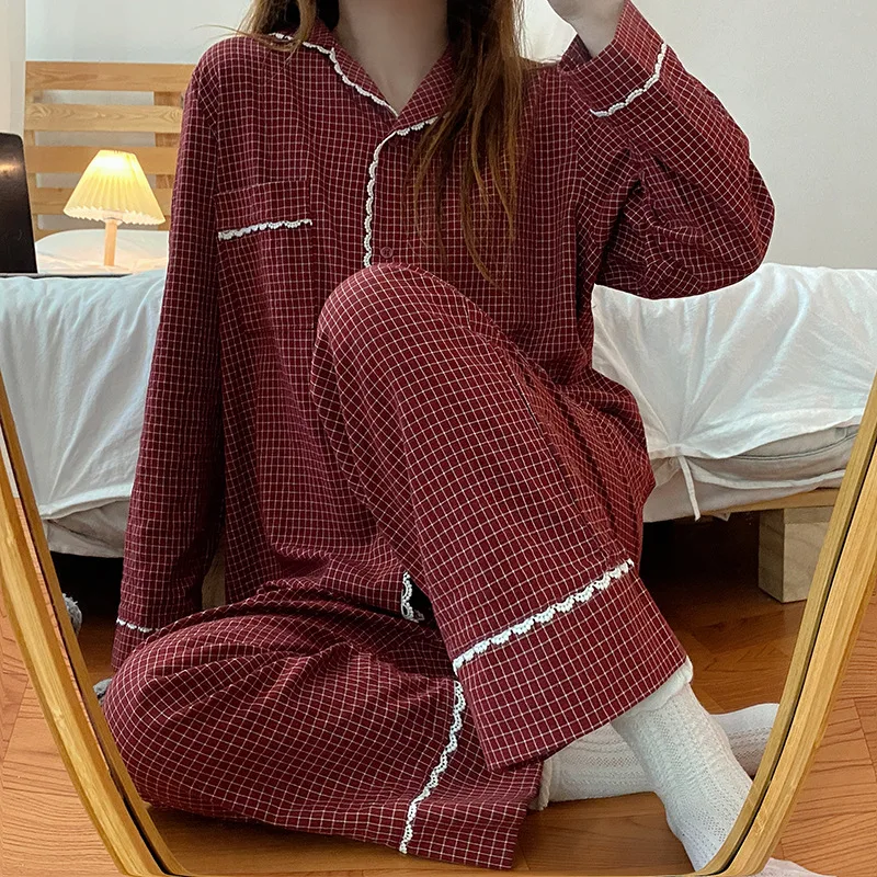 Primavara Toamna Femei de Moda Casual Minunat Carouri Sleepwear Nightgow Retro Set de Pijama Cu Pantaloni Pantaloni Femei de Anul Nou Soft