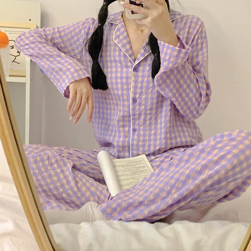 Primavara Toamna Femei de Moda Casual Minunat Carouri Sleepwear Nightgow Retro Set de Pijama Cu Pantaloni Pantaloni Femei de Anul Nou Soft