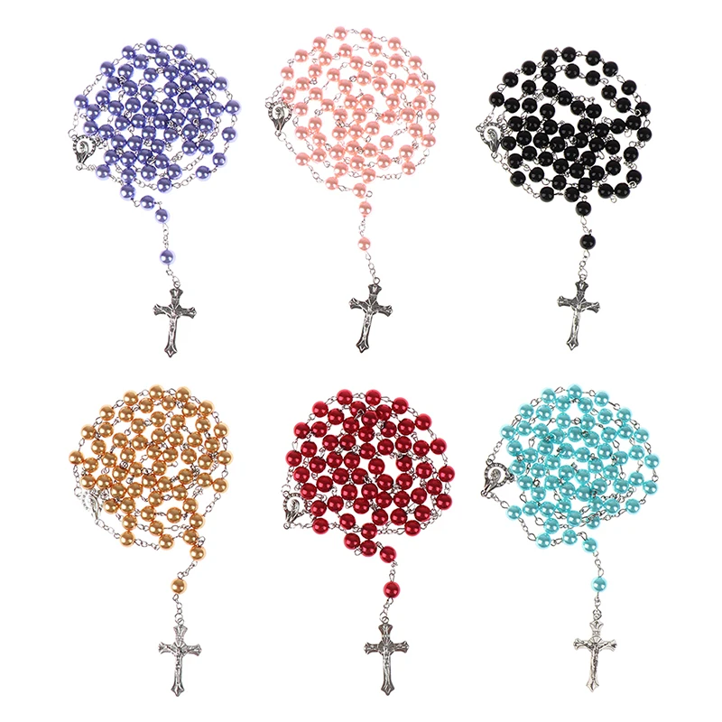 Religia Creștină perla Faux colier Rozariu Pentru Femei, Fecioara Maria, Iisus Crucea pandantiv margele Lungi lanțuri de Bijuterii de Moda