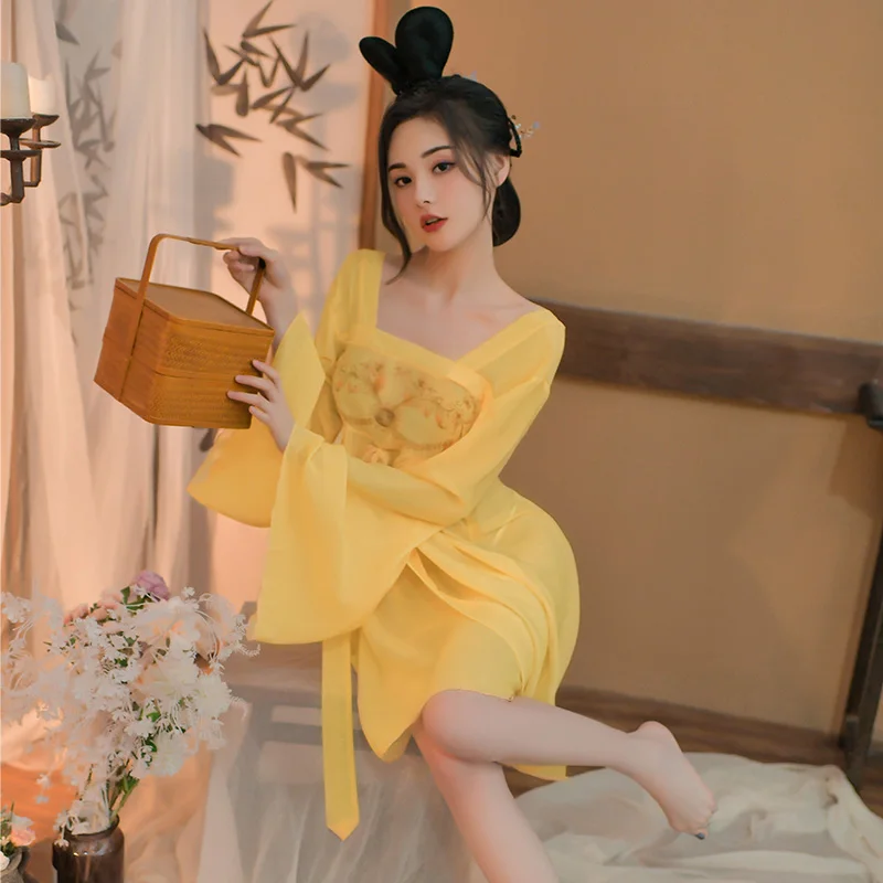 SENMHS Chineză Hanfu Stil Lenjerie Sexy Perspectivă de Imprimare Set Clasic Tang Feng Menajera Cosplay Tentația Rochie cămașă de noapte