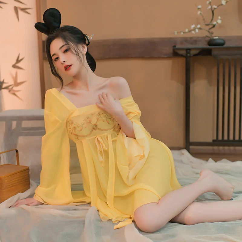 SENMHS Chineză Hanfu Stil Lenjerie Sexy Perspectivă de Imprimare Set Clasic Tang Feng Menajera Cosplay Tentația Rochie cămașă de noapte