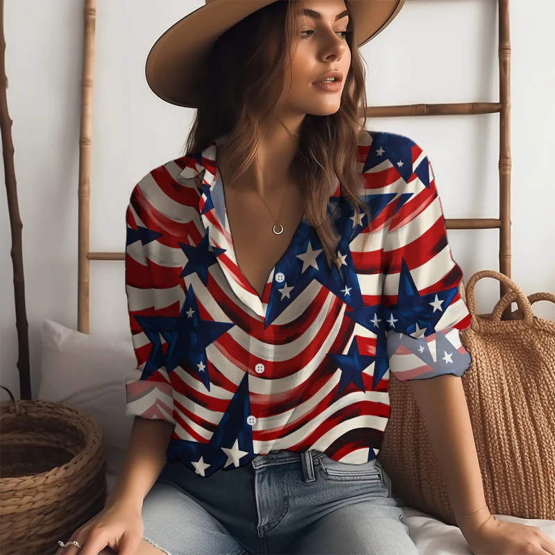 Steagul American 3D Imprimate Tricou de Primăvară și de Toamnă Clasic Camasa cu Maneca Lunga pentru Femei de Moda de Stradă Camasa Regular Buton Camasa
