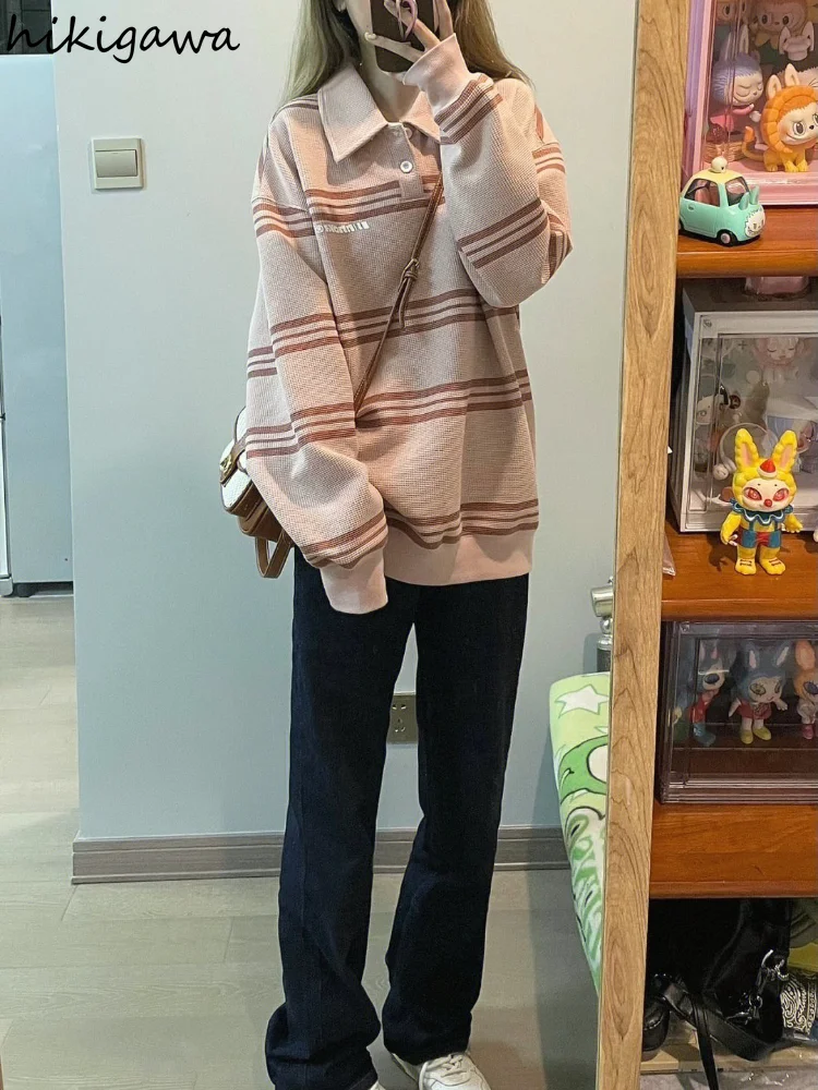 Stil Preppy Moda Hanorac pentru Femei Maneca Lunga Casual cu Dungi Supradimensionate Topuri Haine pentru Adolescenti Y2k Tricoul Ropa Mujer