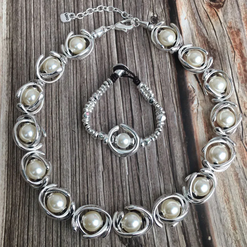 Uno De Argint Placat Cu Dublă Luna Perla Mare Brățară Colier Set, Atmosferice Doamnelor Moda Pearl Lanț De Bijuterii Cadouri