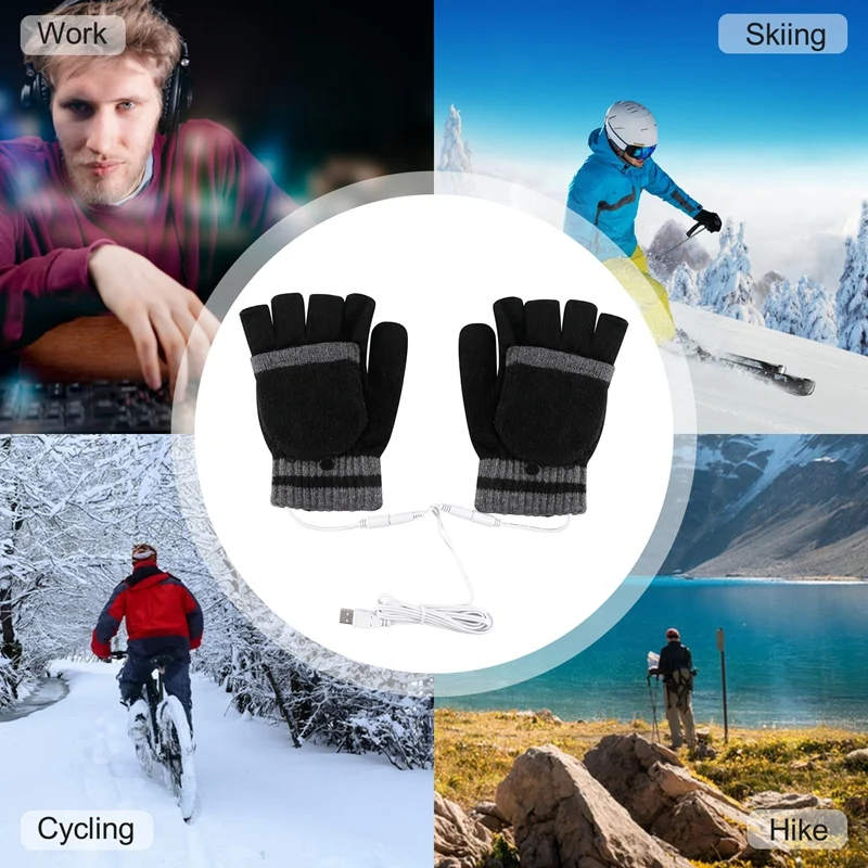 USB Electrice Incalzite Mănuși de 2-Partea Încălzire Convertibile Fingerless Glove Manusi Impermeabile Ciclism Schi Mănuși