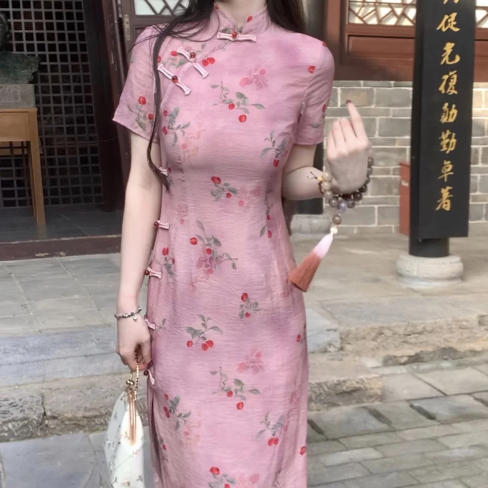 Vara Qipao Floral Chinezesc Maneca Scurta Modern Chineză Rochie Eleganta Cheongsam Fata PinkPrint Rochii de Moda
