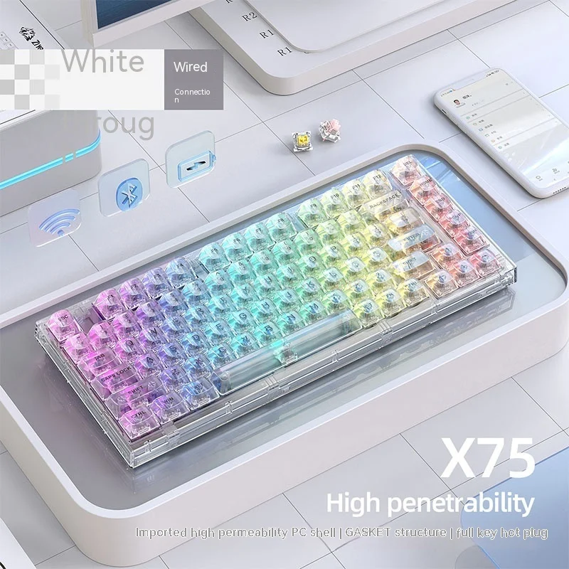 Xinmeng X75 Wireless Tastatură Mecanică, Bluetooth Mască Transparentă, Personalizate Prin Cablu Rgb Hot Swappable Kaihua Meduze